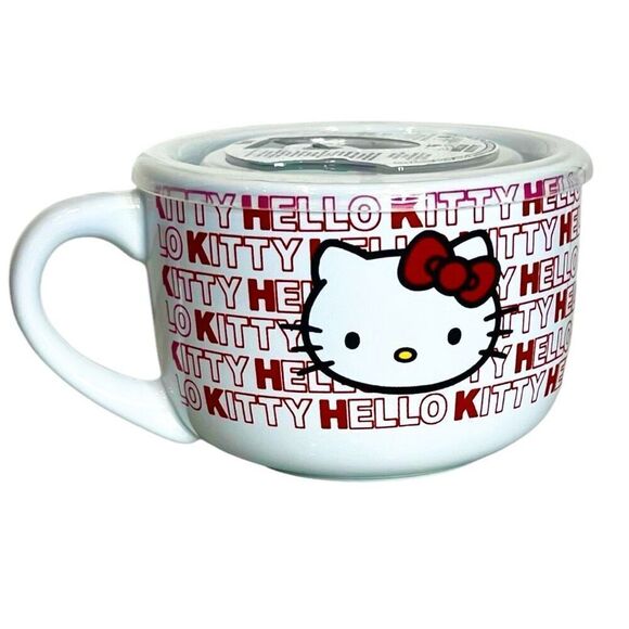 Sanrio Hello Kitty Red Ceramic Soup Mug with Vented Lid 24 oz‎ Cereal Bowl  NEW - Picture 1 of 6